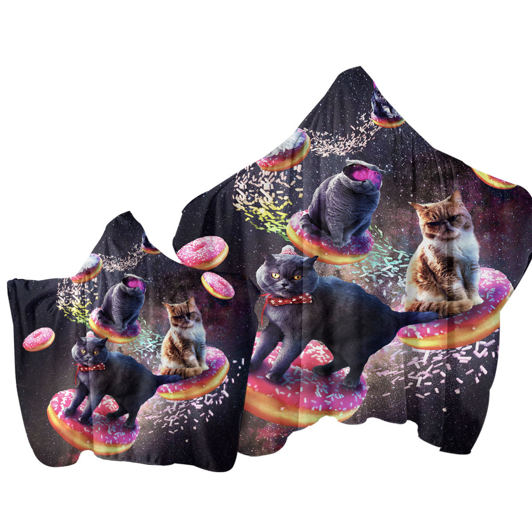 Cool Space Galaxy Cats Riding Donuts Hooded Beach Towel