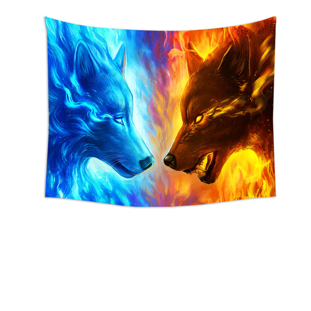 Cool Tapestry Wall Decor with Animals Fire and Ice Wolves