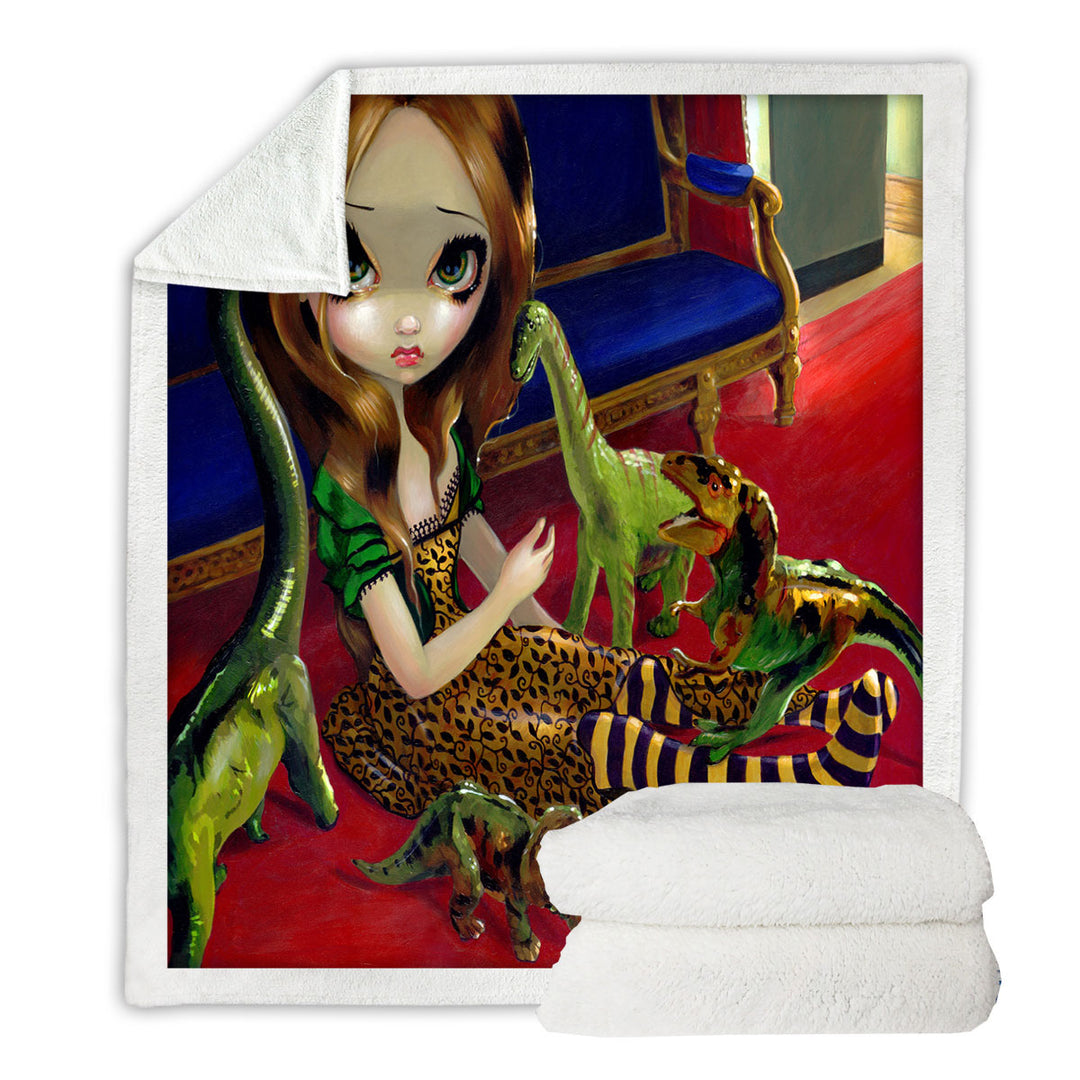 Cool Throw Blanket with Painting Cute Girl and Dinosaur Friends