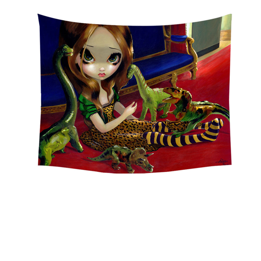 Cool Wall Decor with Painting Cute Girl and Dinosaur Friends Tapestry