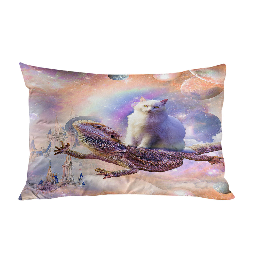 Cool White Cat Riding a Dragon Lizard in Space Custom Pillow Cases