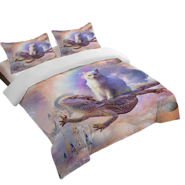 Cool White Cat Riding a Dragon Lizard in Space Duvet Covers