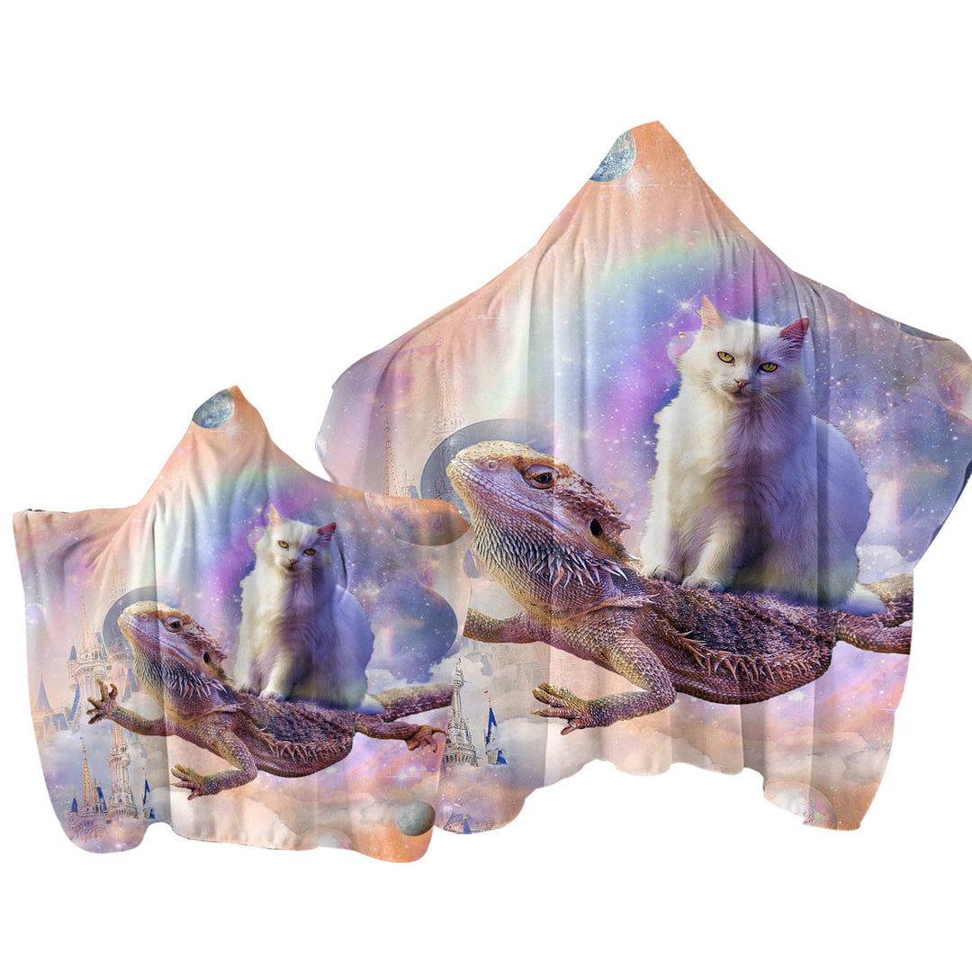 Cool White Cat Riding a Dragon Lizard in Space Hooded Beach Towel