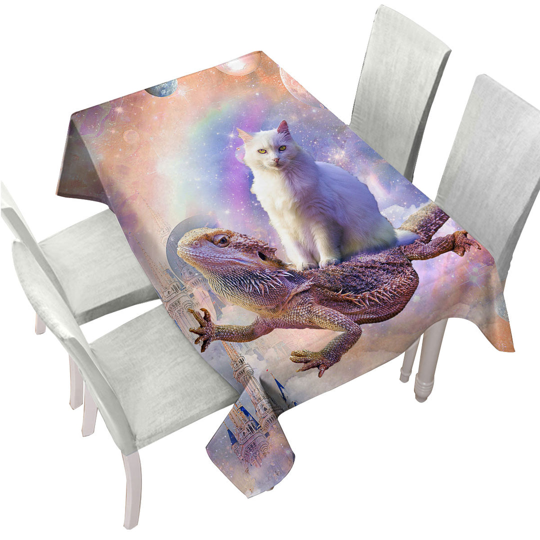 Cool White Cat Riding a Dragon Lizard in Space Tablecloths