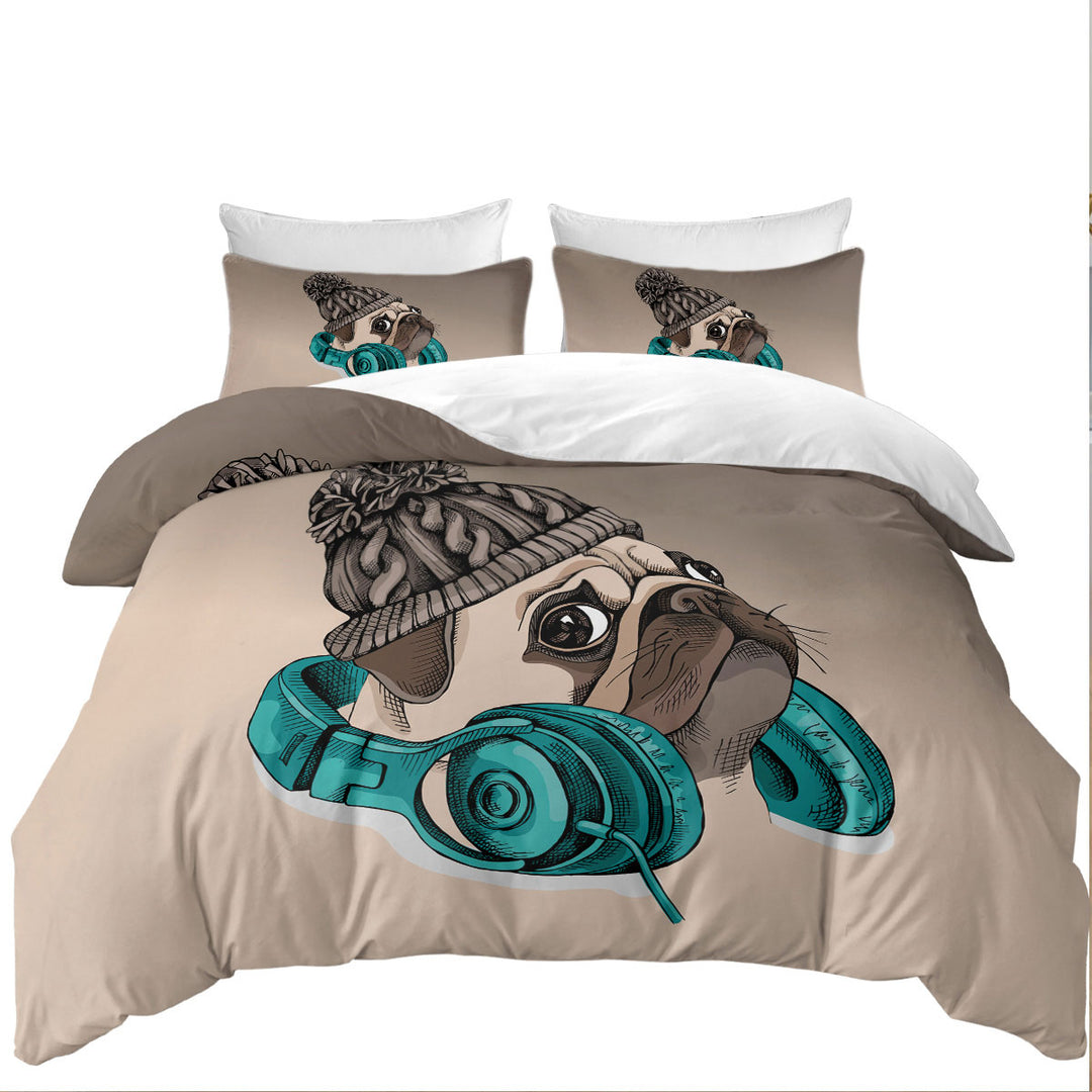 Cool Winter Pug Wearing Headphones Duvet Cover set