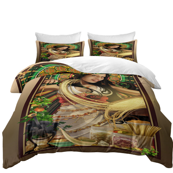 Cool Woman Art Goddess of Pasta Duvet Covers