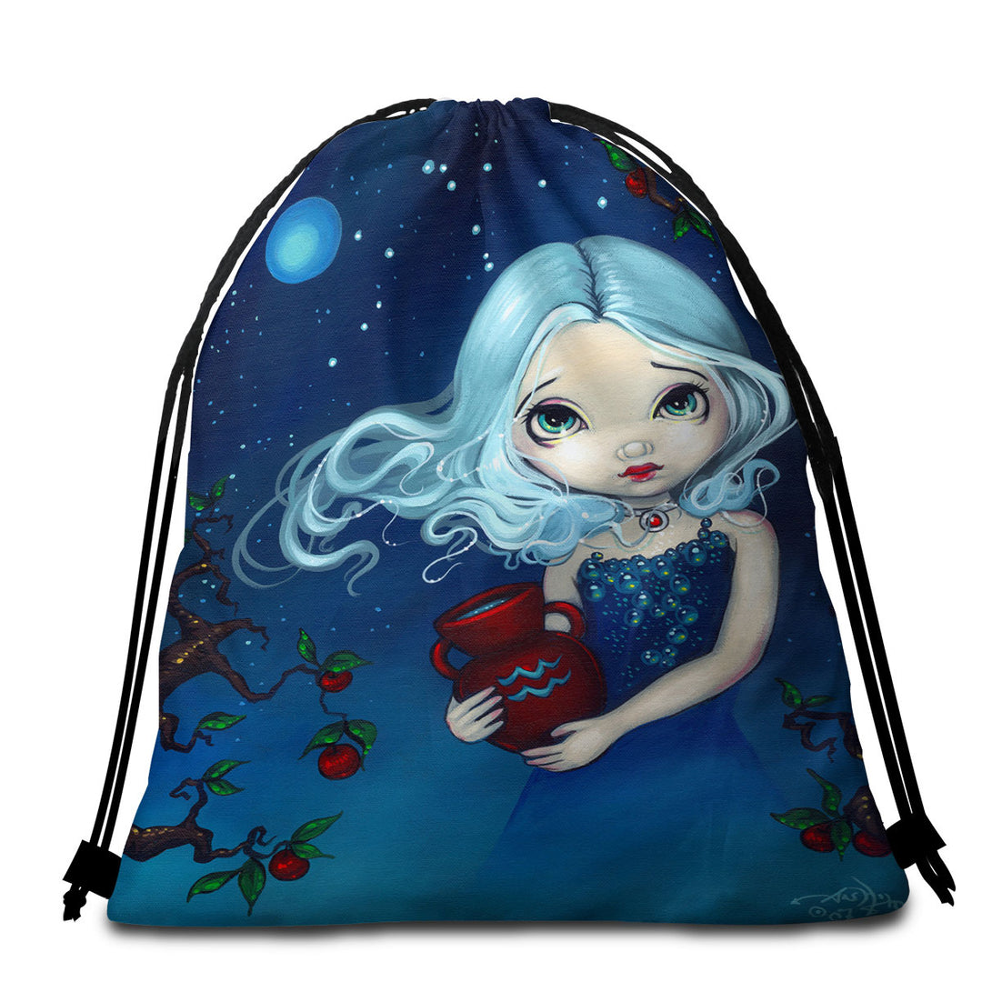 Cool Zodiac Art Aquarius Night Girl Beach Bags and Towels