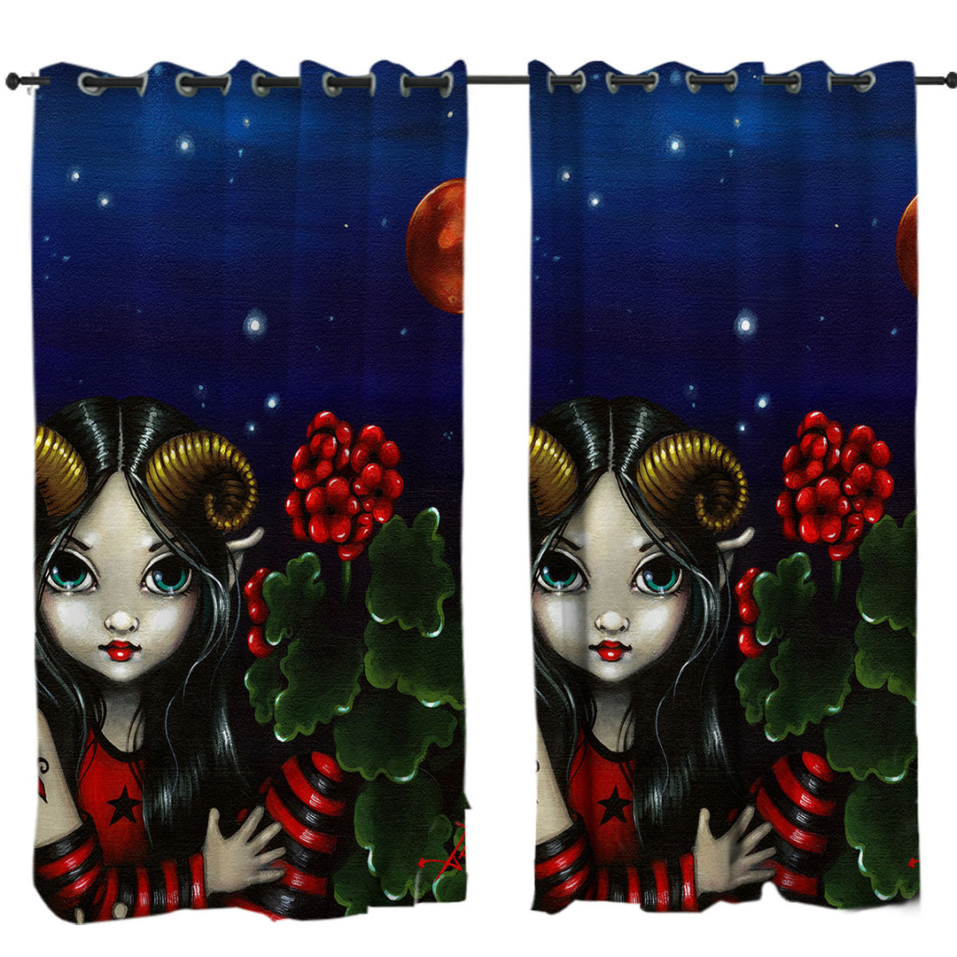 Cool Zodiac Art Aries Night Girl Drapes for Living Room