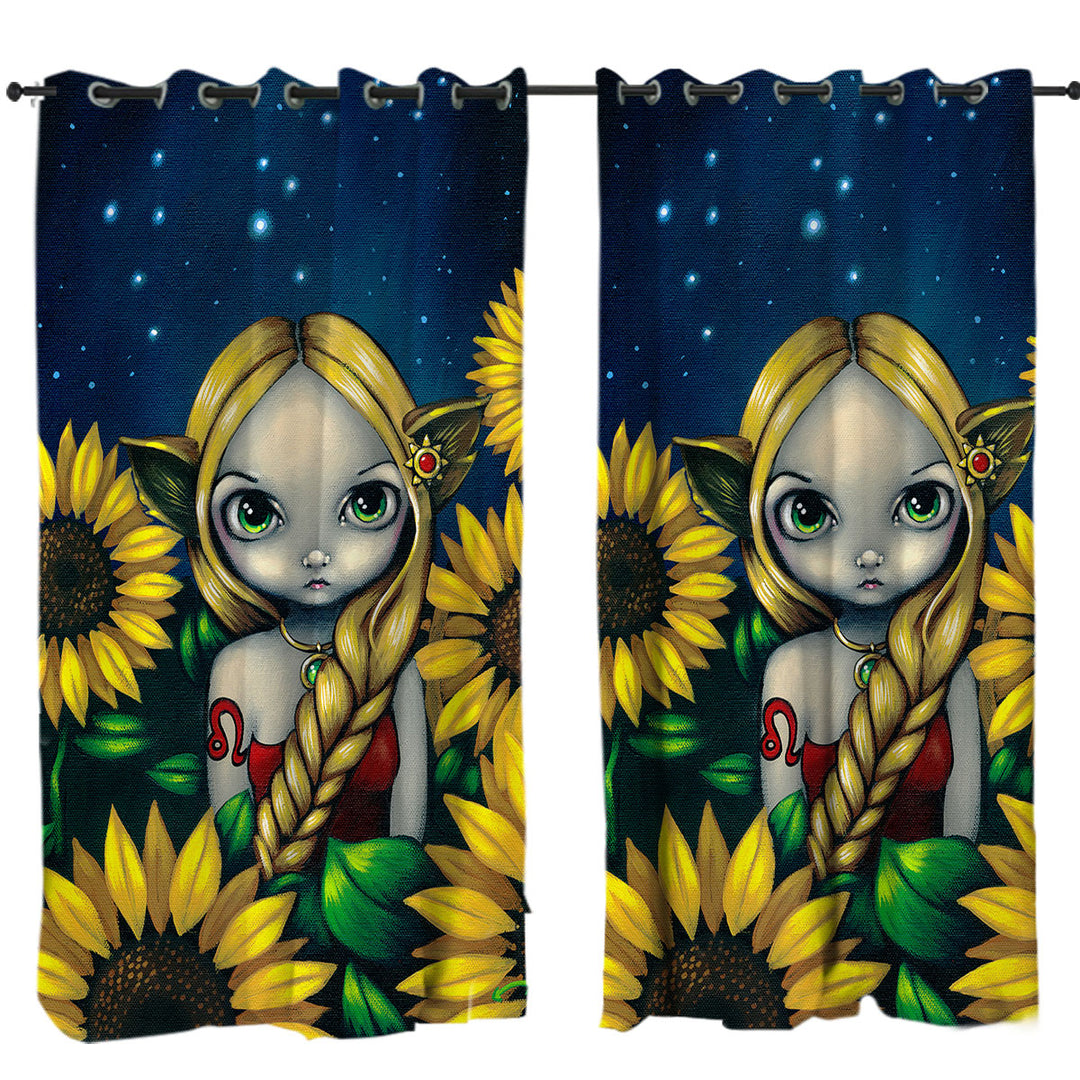 Cool Zodiac Art Leo Sunflower Night Elf Girl Curtains for Bedroom