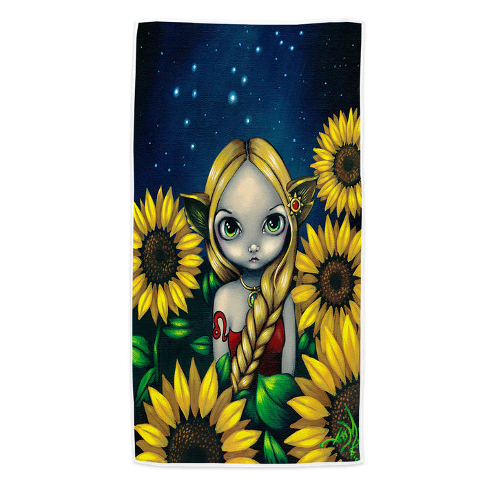 Cool Zodiac Beach Towel Art Leo Sunflower Night Elf Girl