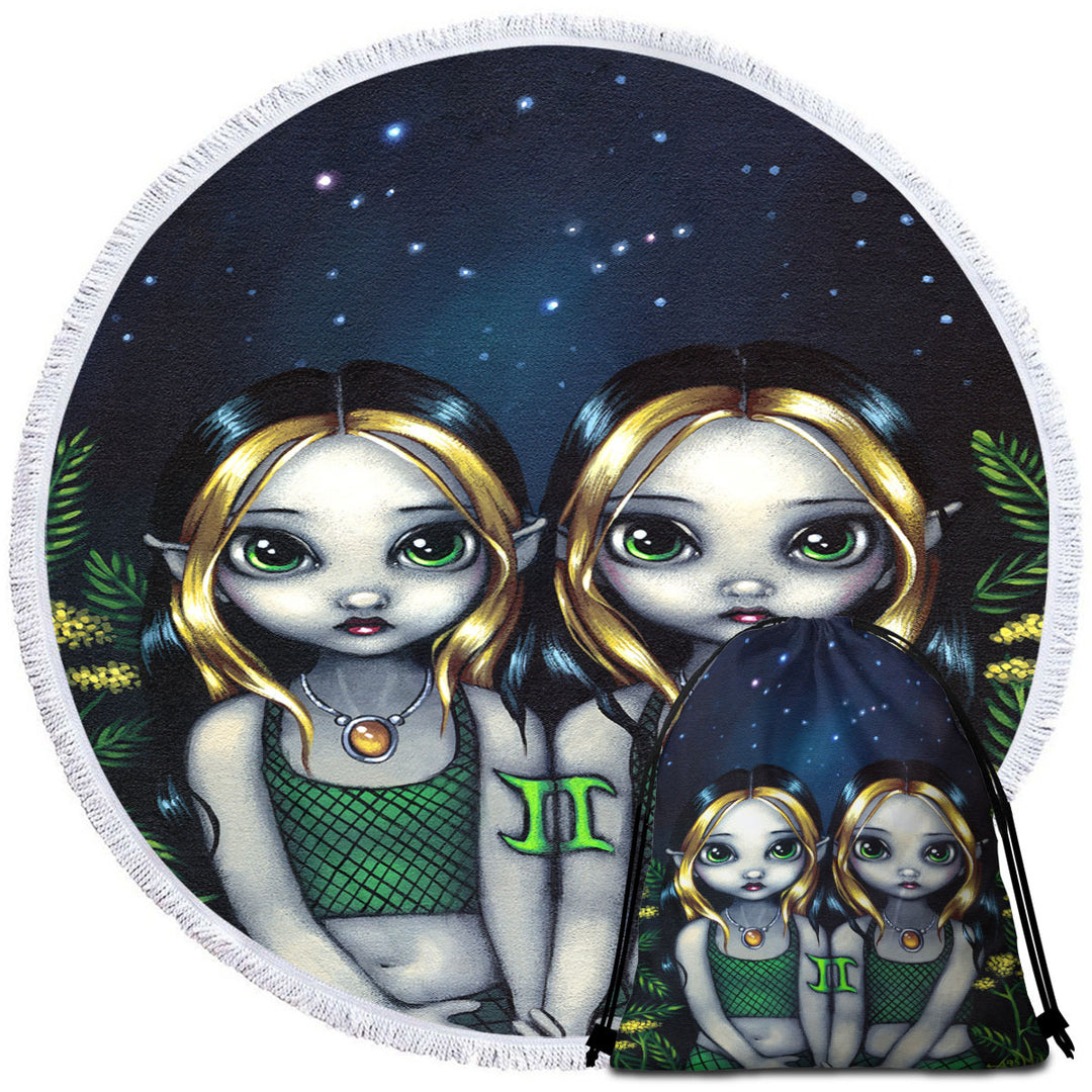 Cool Zodiac Beach Towels and Bags Set Art Gemini Night Elf Girls