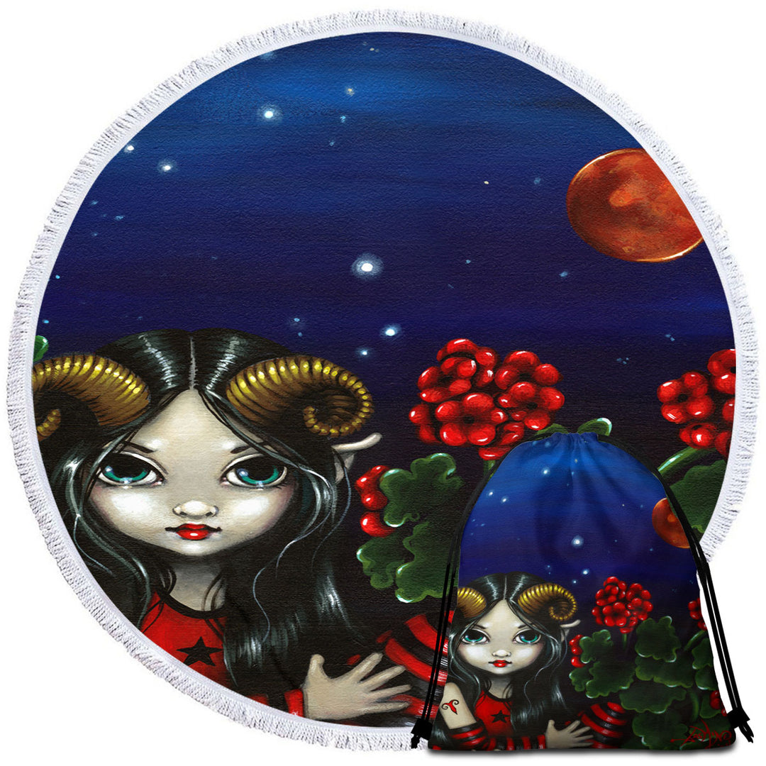 Cool Zodiac Circle Beach Towel Art Aries Night Girl