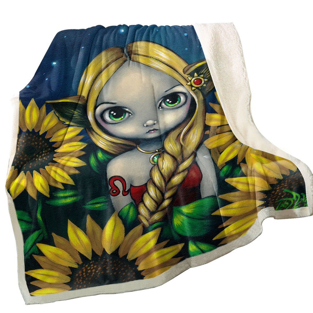 Cool Zodiac Fleece Blankets Art Leo Sunflower Night Elf Girl