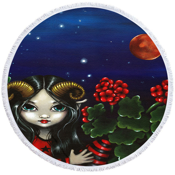 Cool Zodiac Round Beach Towel Art Aries Night Girl