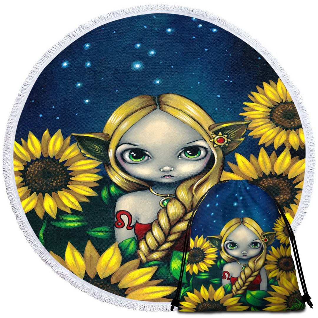 Cool Zodiac Round Beach Towel Art Leo Sunflower Night Elf Girl