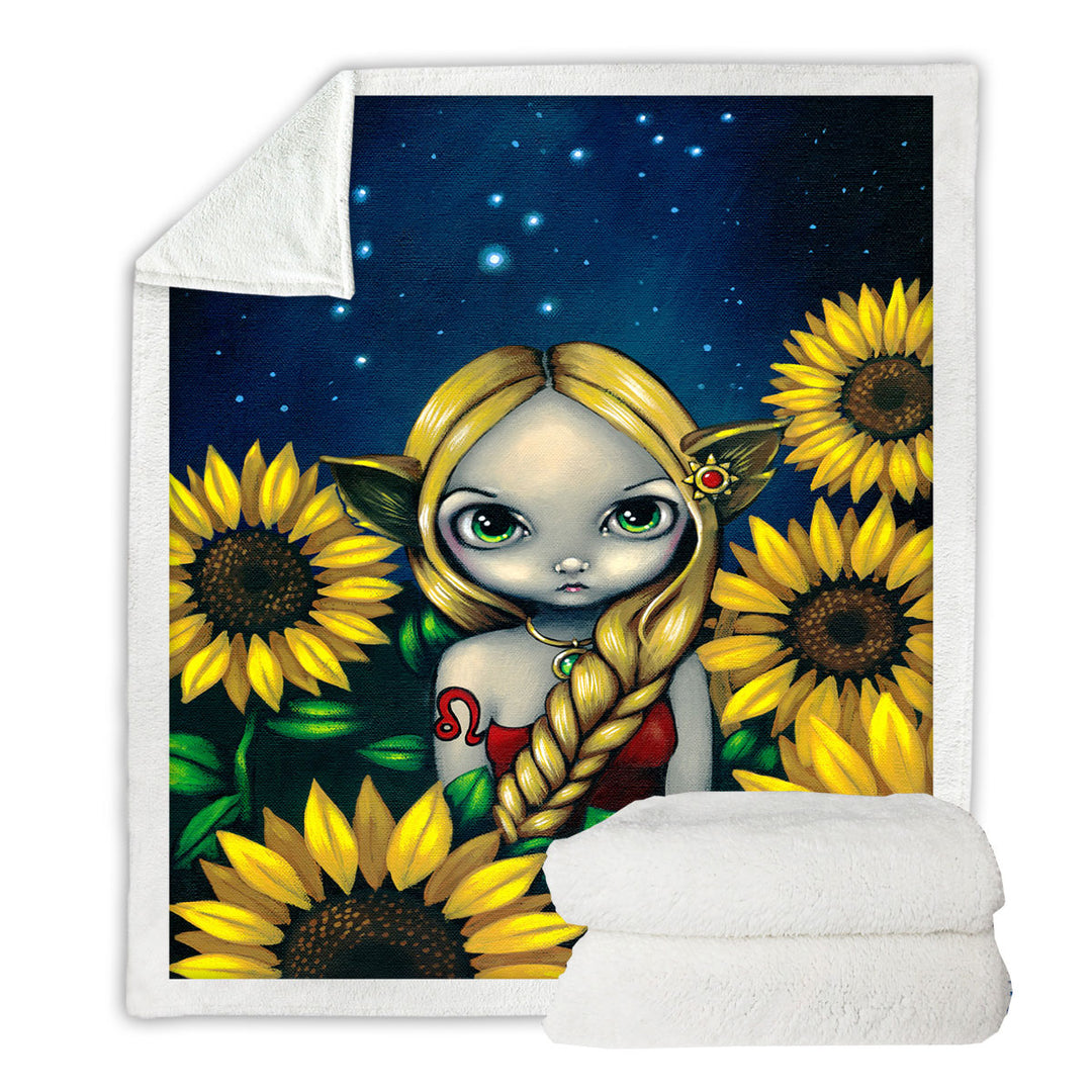 Cool Zodiac Throw Blanket Art Leo Sunflower Night Elf Girl