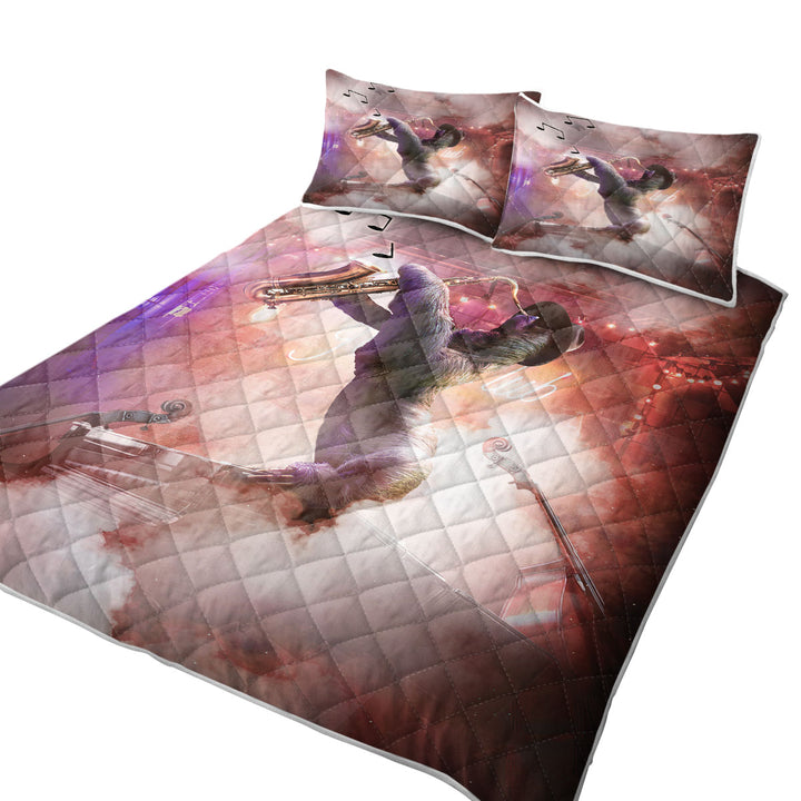 Cool and Funny Playing Saxophone Sloth Coverlet