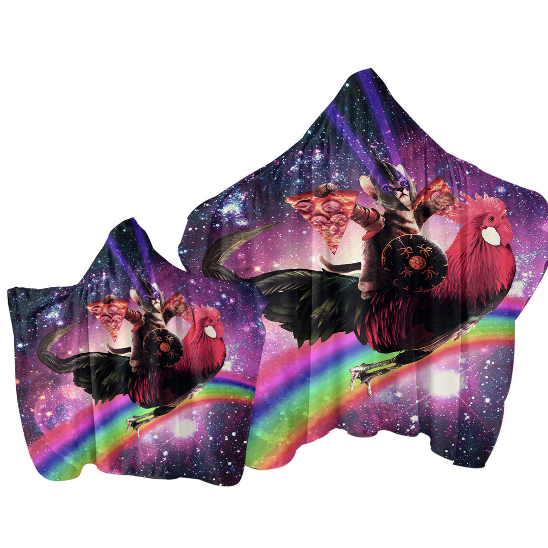 Cool and Funny Space Pizza Cat Riding a Chicken Towel Hoodie