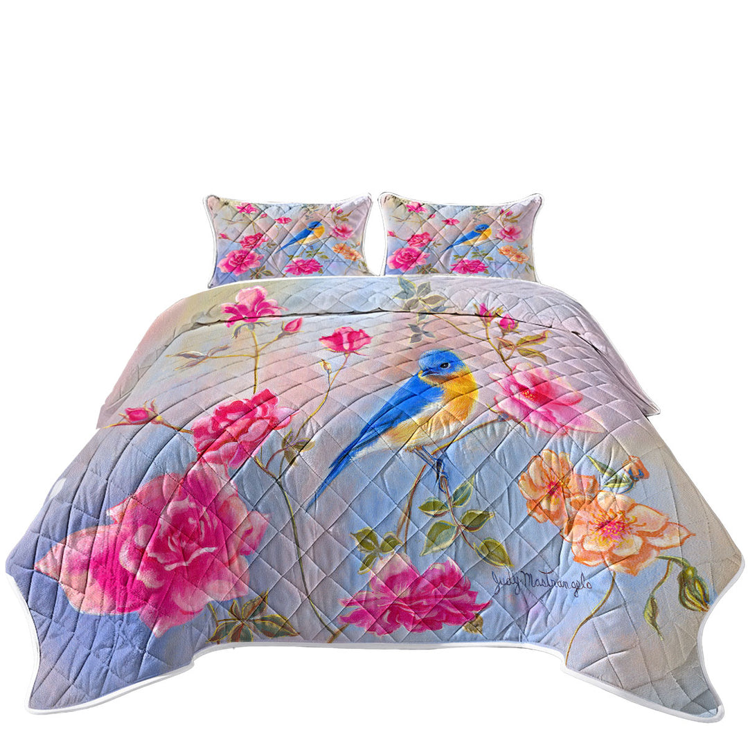 Coverlet with Art Painting Blue Bird in Roses