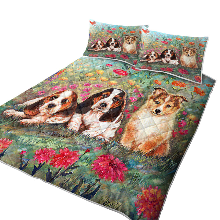 Coverlet with Art Painting Cute Dog Puppies and Flowers