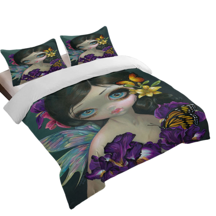 Coverlet with Beautiful Girl Fairy with Iris Enchantment Flowers