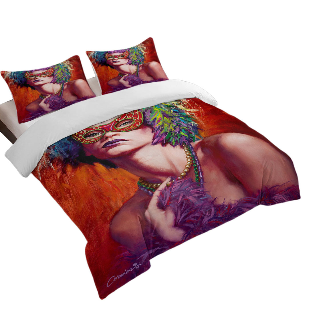 Coverlet with Beautiful Woman Wearing Mask and Feathers