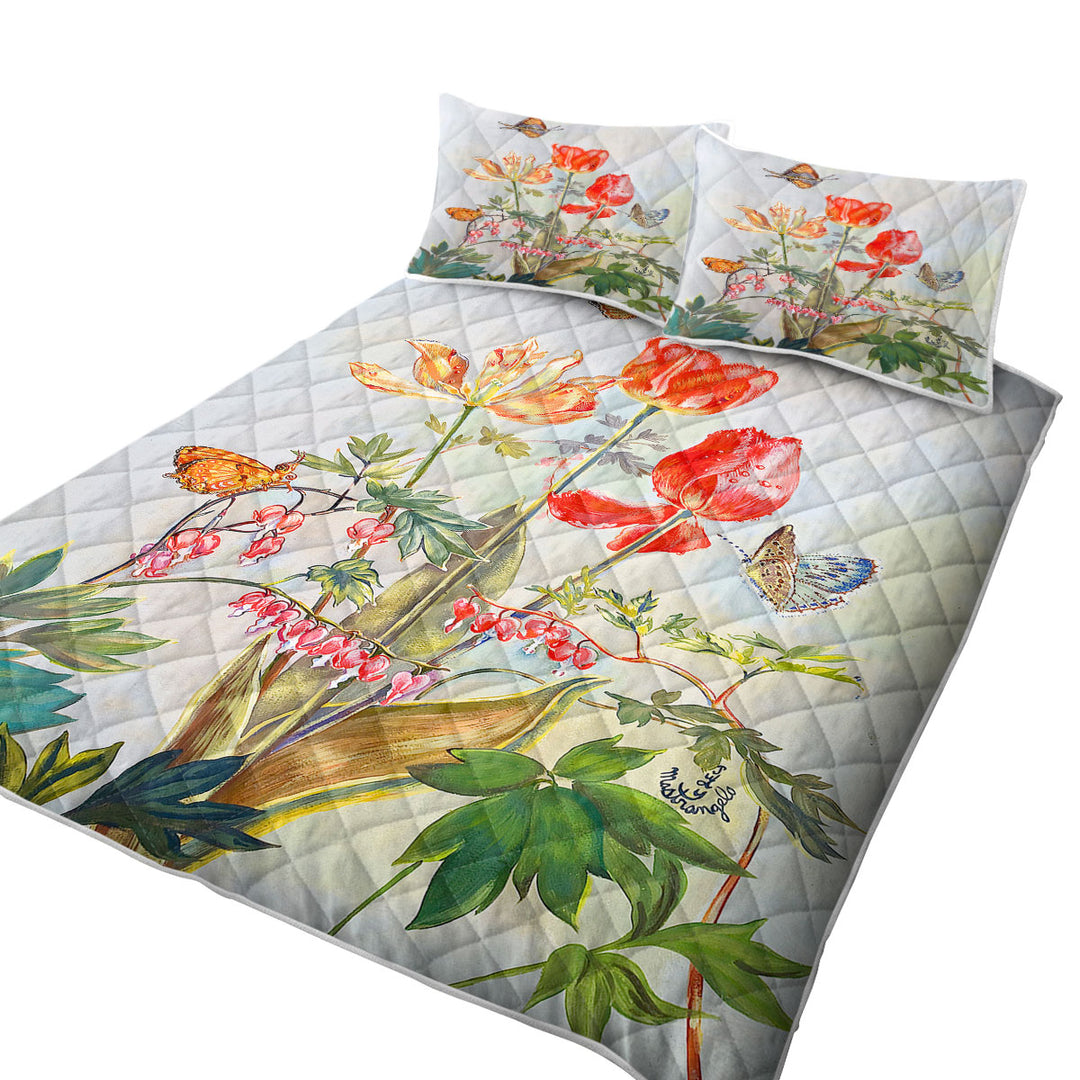 Coverlet with Butterflies and Flowers Art Bleeding Hearts and Tulips