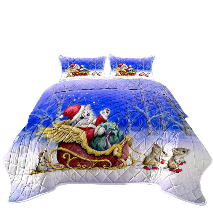 Coverlet with Christmas Cat Kitten Santa with Mice Friends