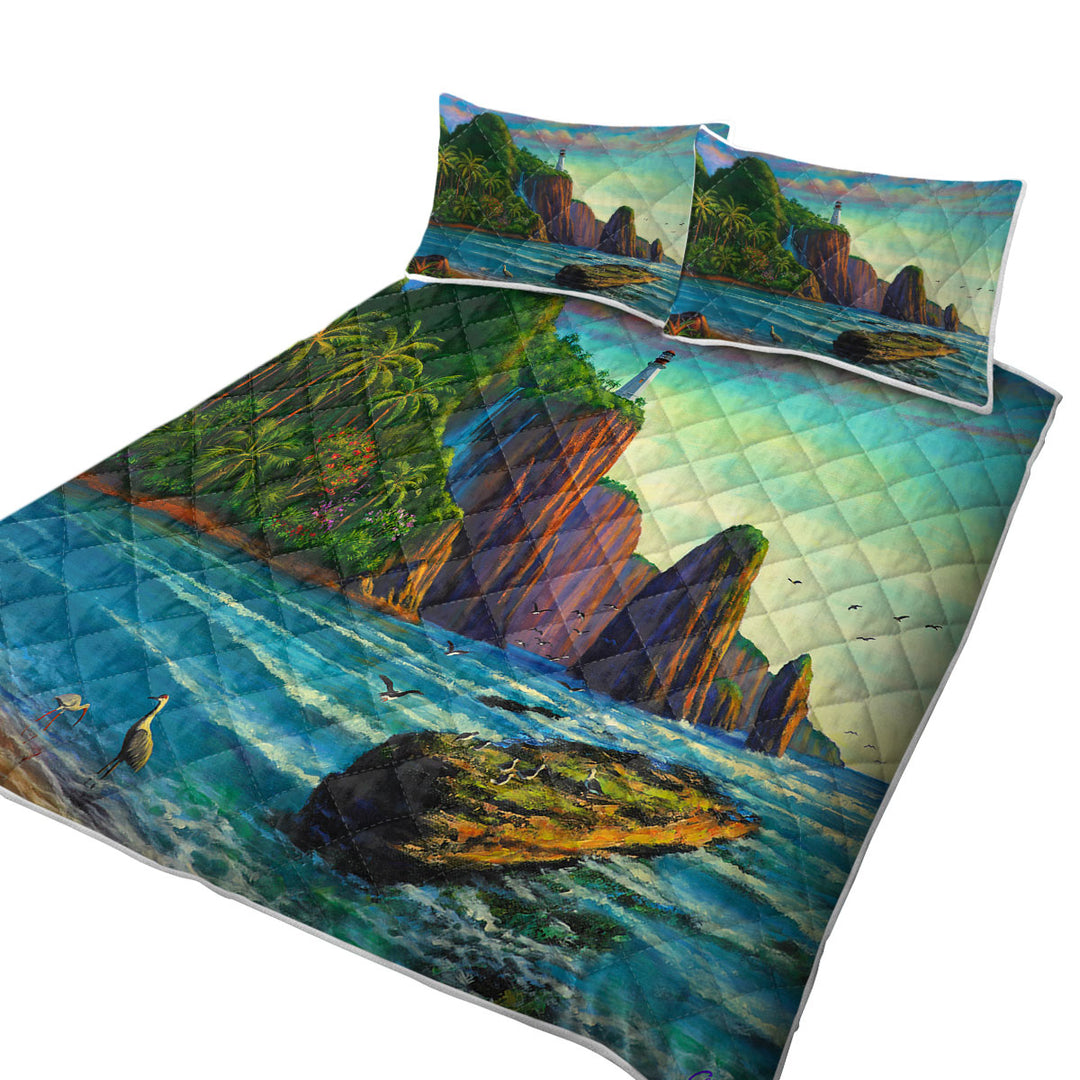 Coverlet with Coastal Art Painting Lighthouse in Paradise Bay