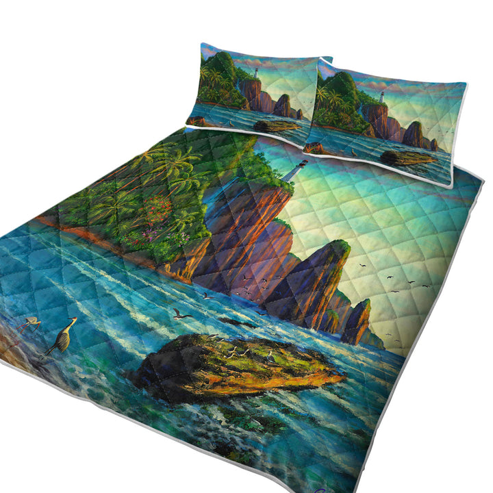 Coverlet with Coastal Art Painting Lighthouse in Paradise Bay