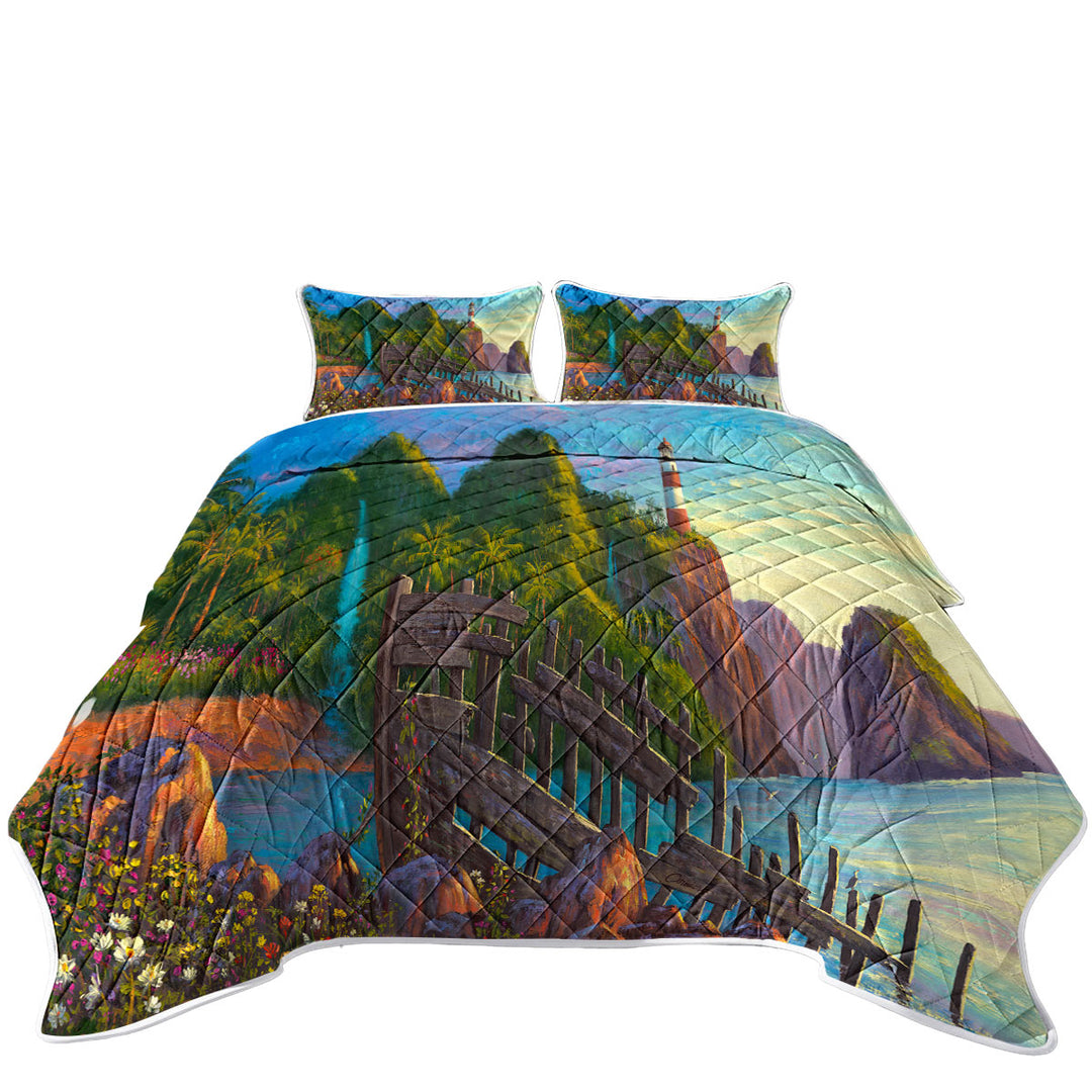 Coverlet with Coastal Art Painting Lighthouse in Paradise Cove