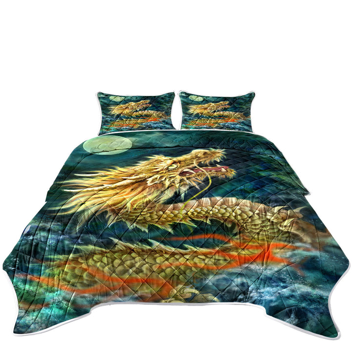 Coverlet with Cool Art Full Moon Ocean Storm Chinese Dragon