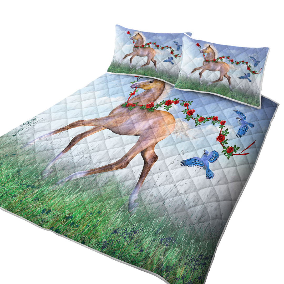 Coverlet with Cute Foal Horse with Roses and Birds