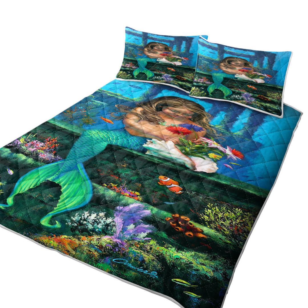 Coverlet with Cute Girl Mermaid and Underwater Flowers