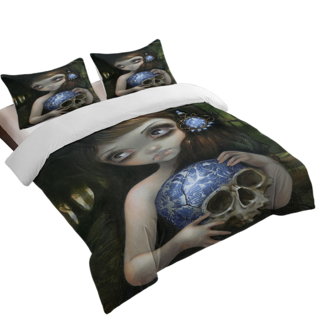 Coverlet with Dark Art Girl with Porcelain Blue Willow Skull