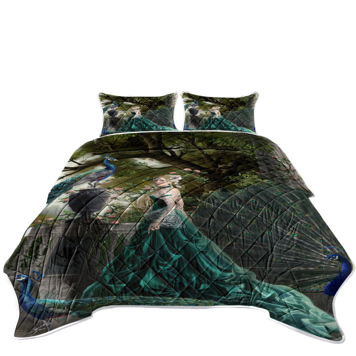 Coverlet with Emerald Fantasy Peacocks and Princess