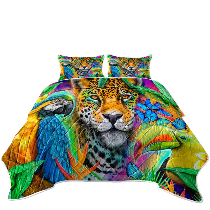 Coverlet with Faces of Nature Macaw Ara Jaguar Toucan