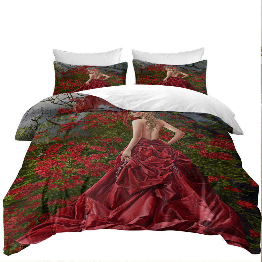 Coverlet with Fantasy Art Beautiful Red Dressed Woman and Dragon