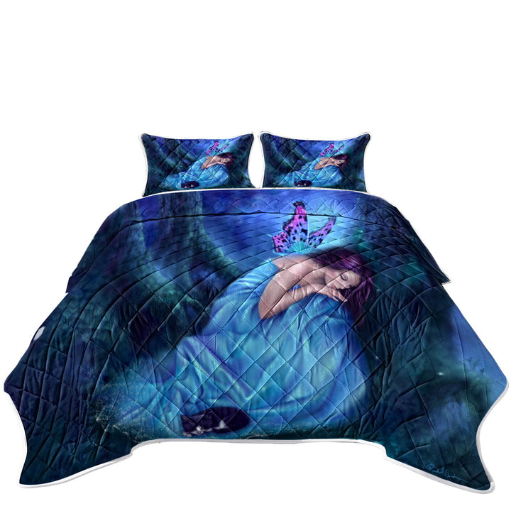 Coverlet with Fantasy Artwork Serenity Sleeping Cat and Butterfly Girl