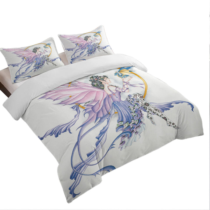 Coverlet with Fantasy Drawing Purplish Fairy and Little Dragon