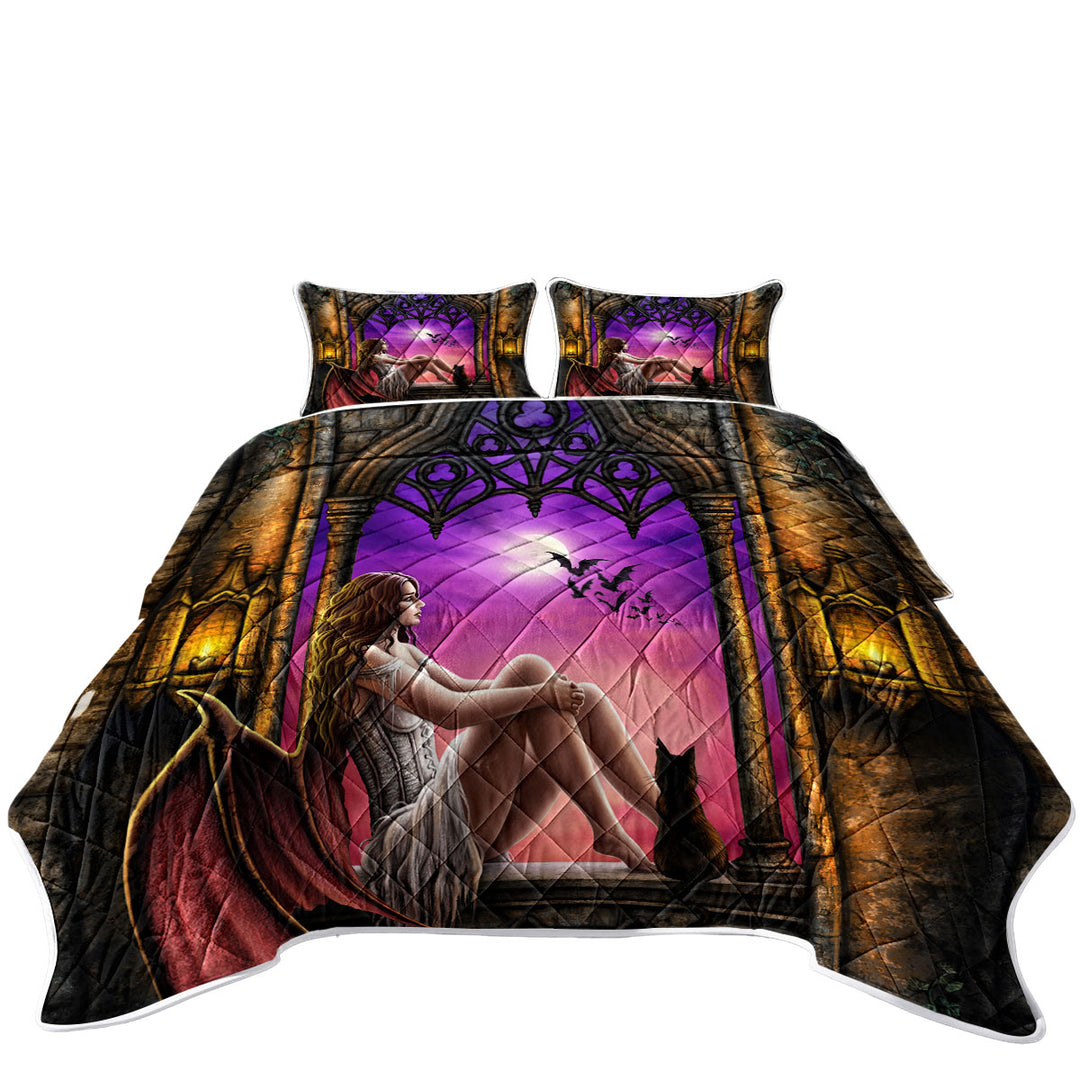 Coverlet with Fantasy Gothic Art Beautiful Dragon Angel Girl