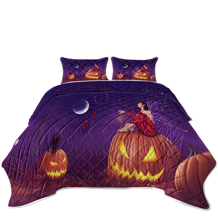 Coverlet with Fantasy Halloween Witch Fairy and Scary Pumpkins