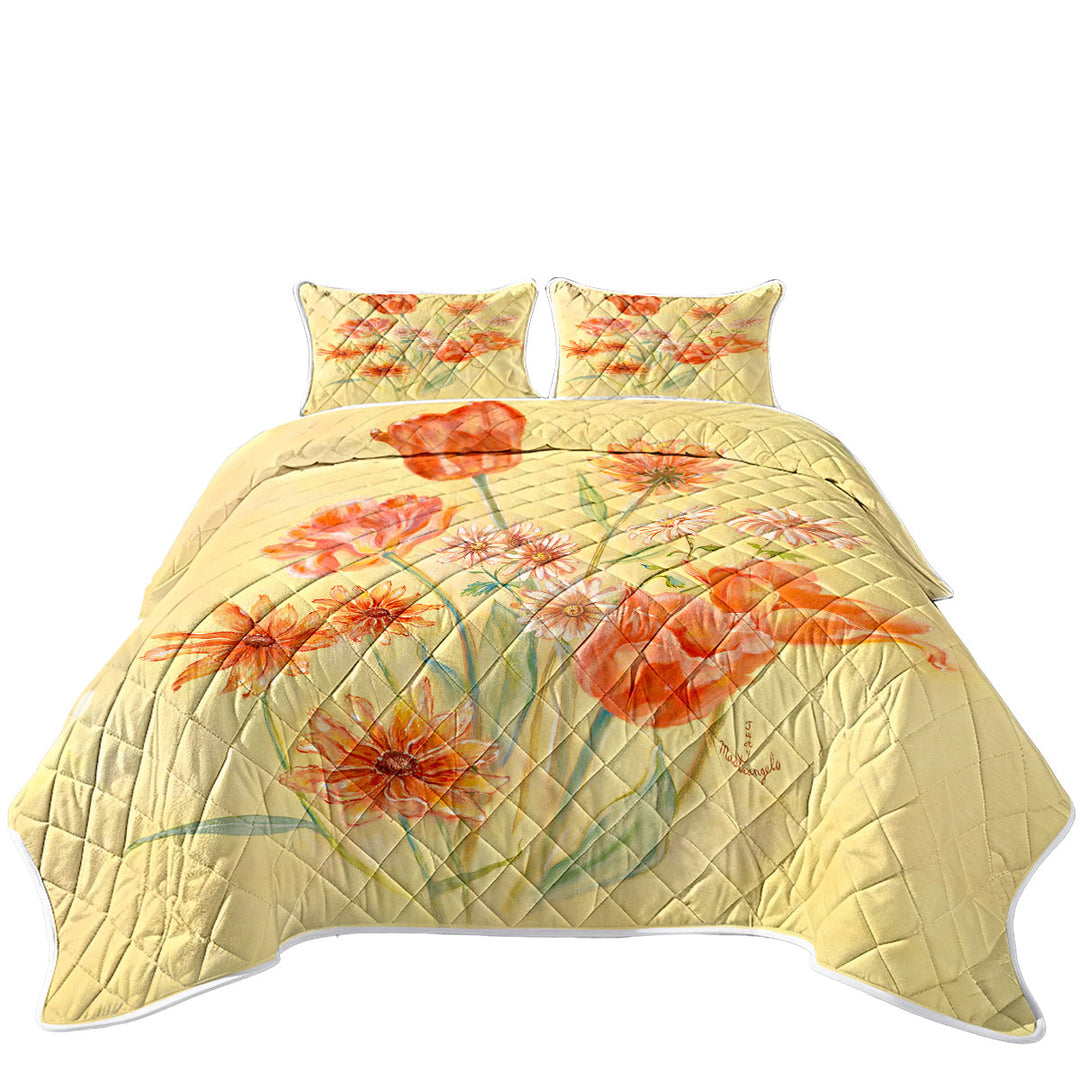 Coverlet with Floral Art Painting Tulips and Daisies Flowers