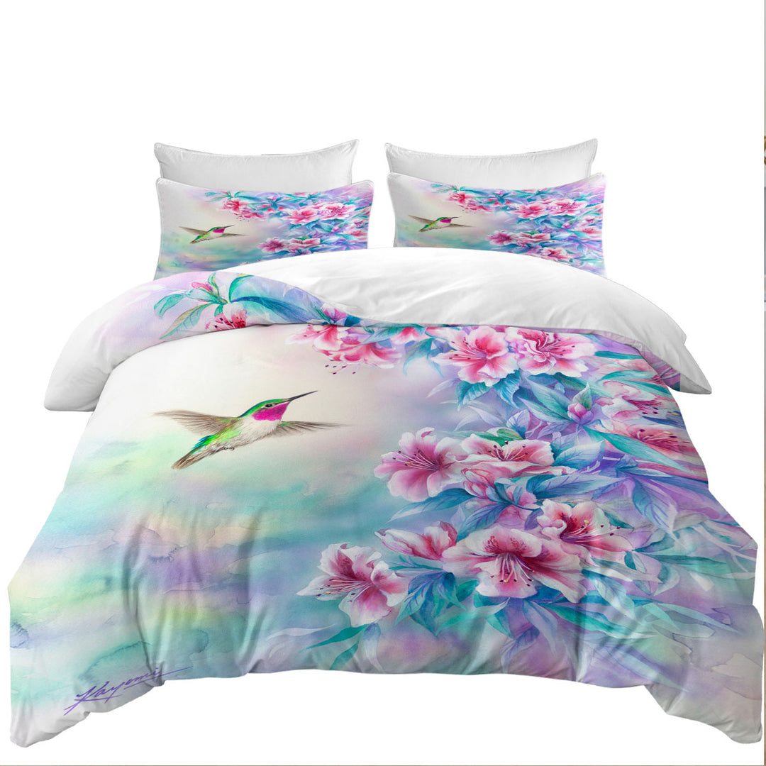 Coverlet with Flower Art Pinkish Hibiscus and Hummingbird