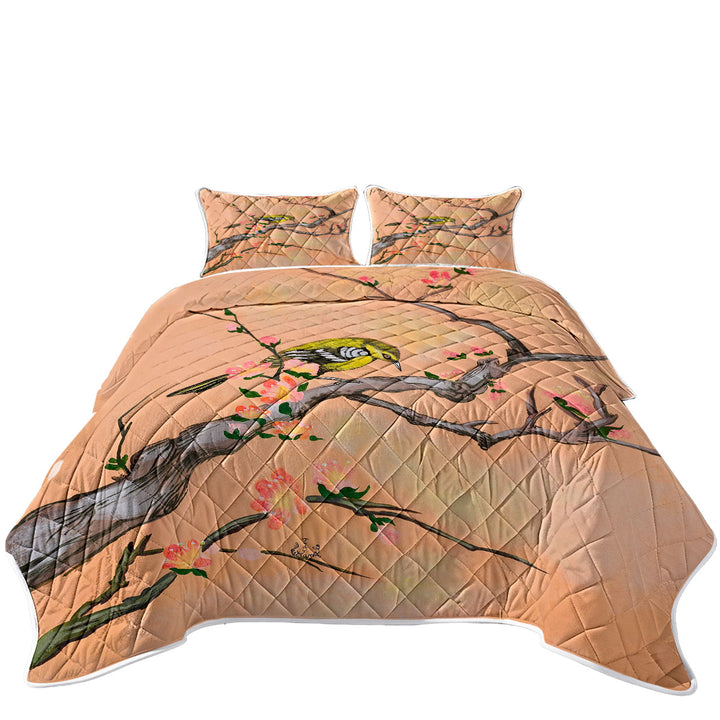 Coverlet with Japanese Art Painting Bird in Cherry Tree