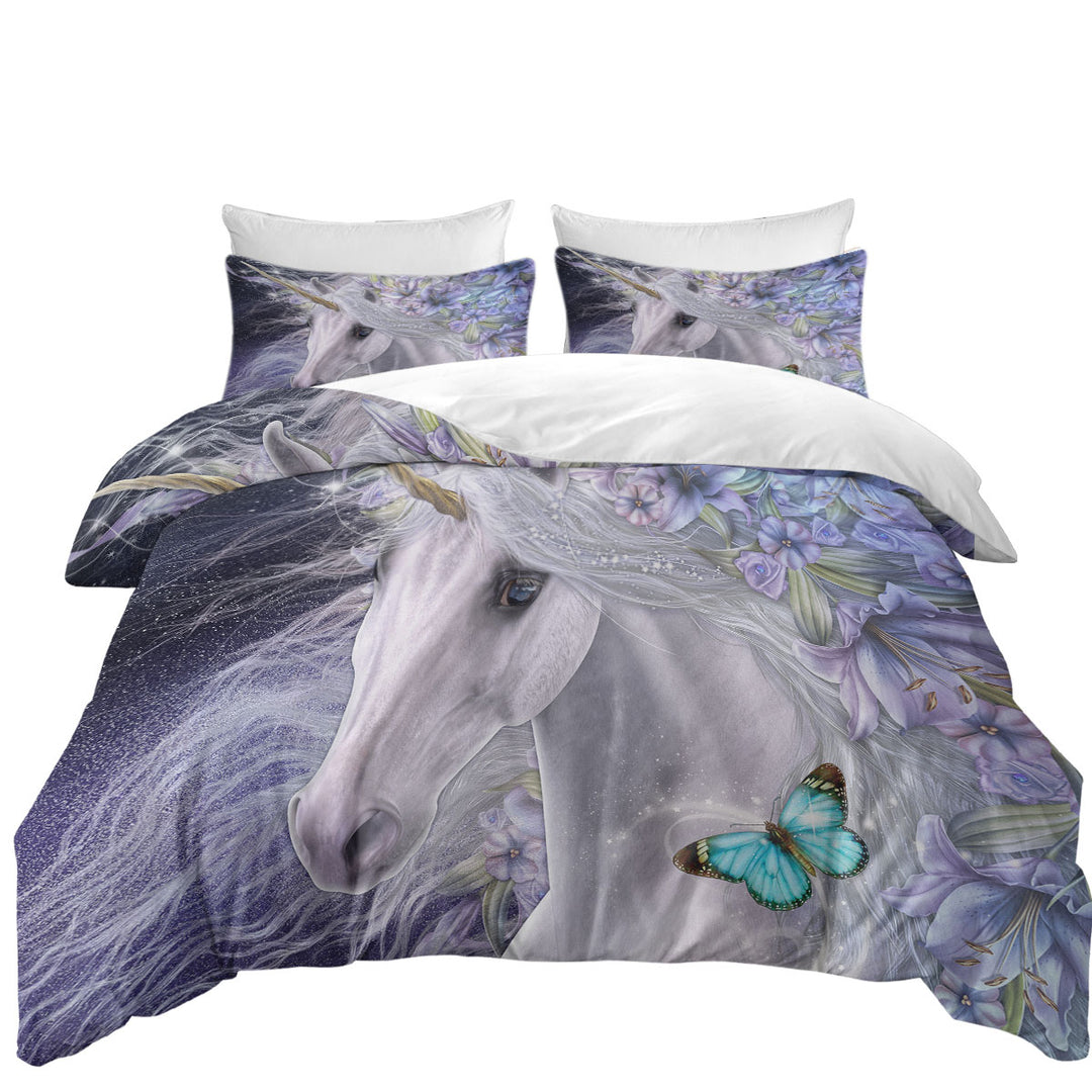 Coverlet with Lillicorn Art Purplish Lilli Flowers and Unicorn