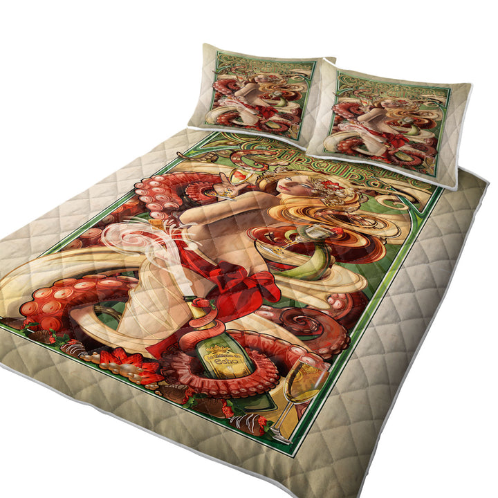 Coverlet with Mens Art Champagne Cthulhu and Sexy Woman