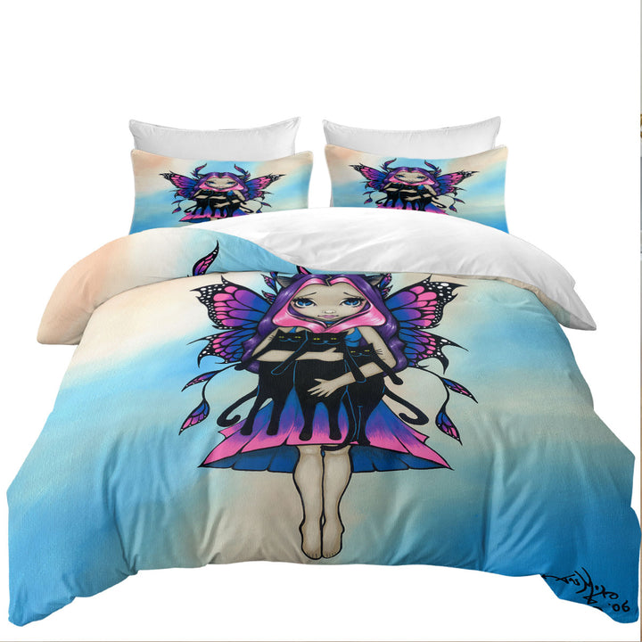 Coverlet with My Three Kitties Cute Fairy with Her Black Cats