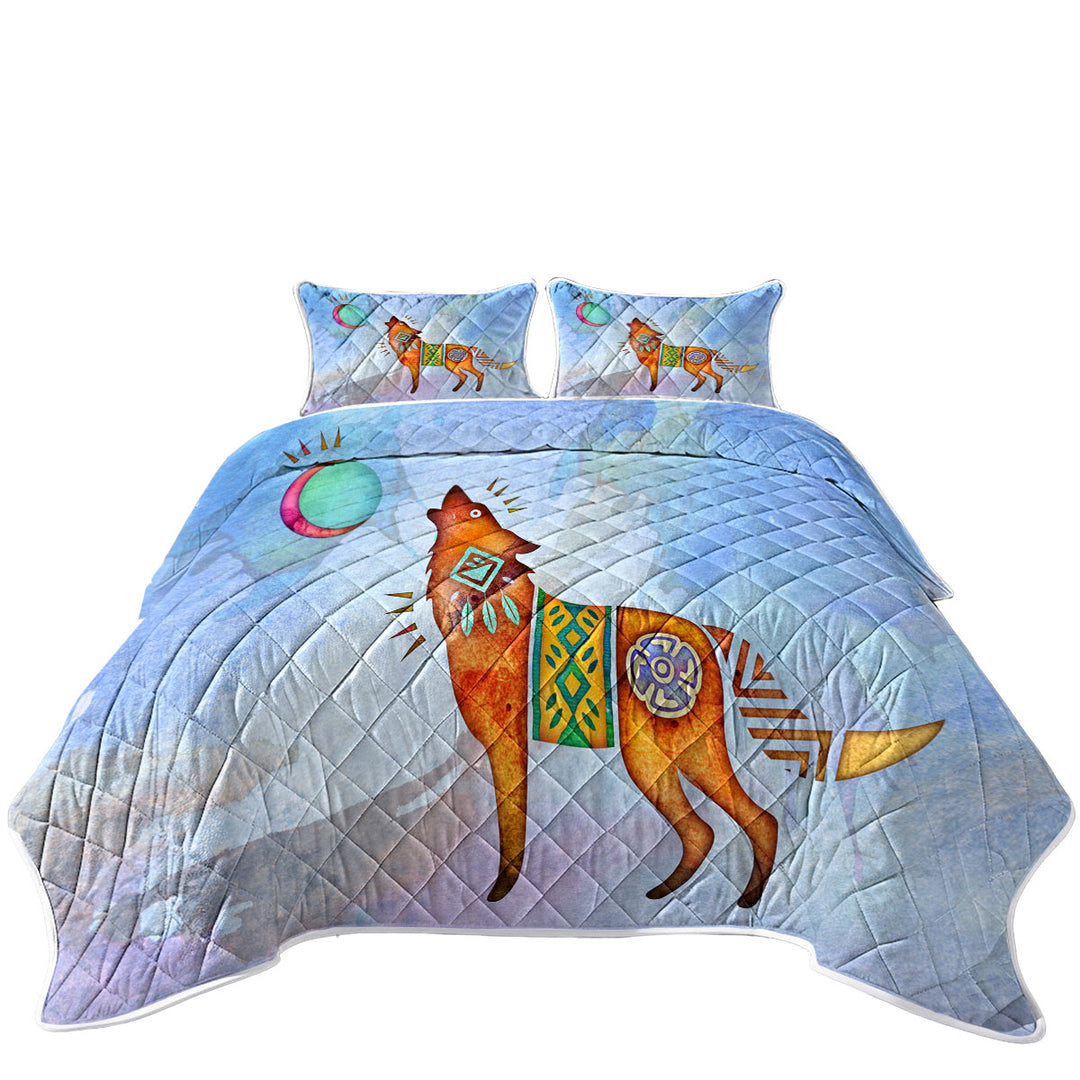 Coverlet with Native American Wild Animal Art Painted Wolf