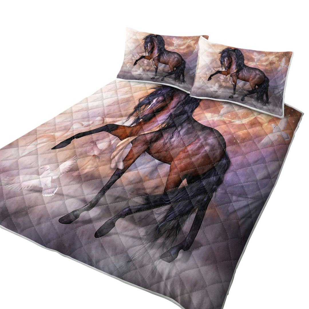 Coverlet with Noble and Graceful Brown Horse and Doves